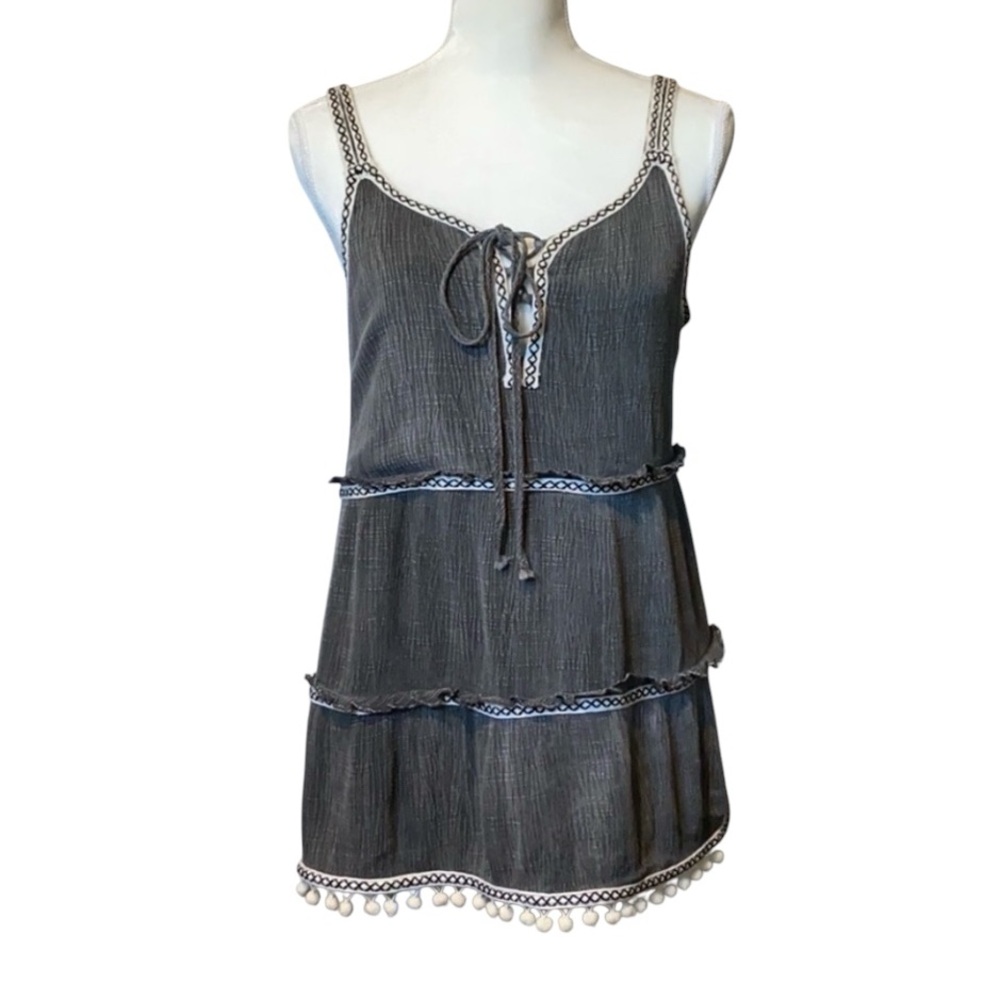 Annabelle Grey Babydoll Y2K  Whimsygoth Lace Up Sleeveless Pom Pom Hem Top